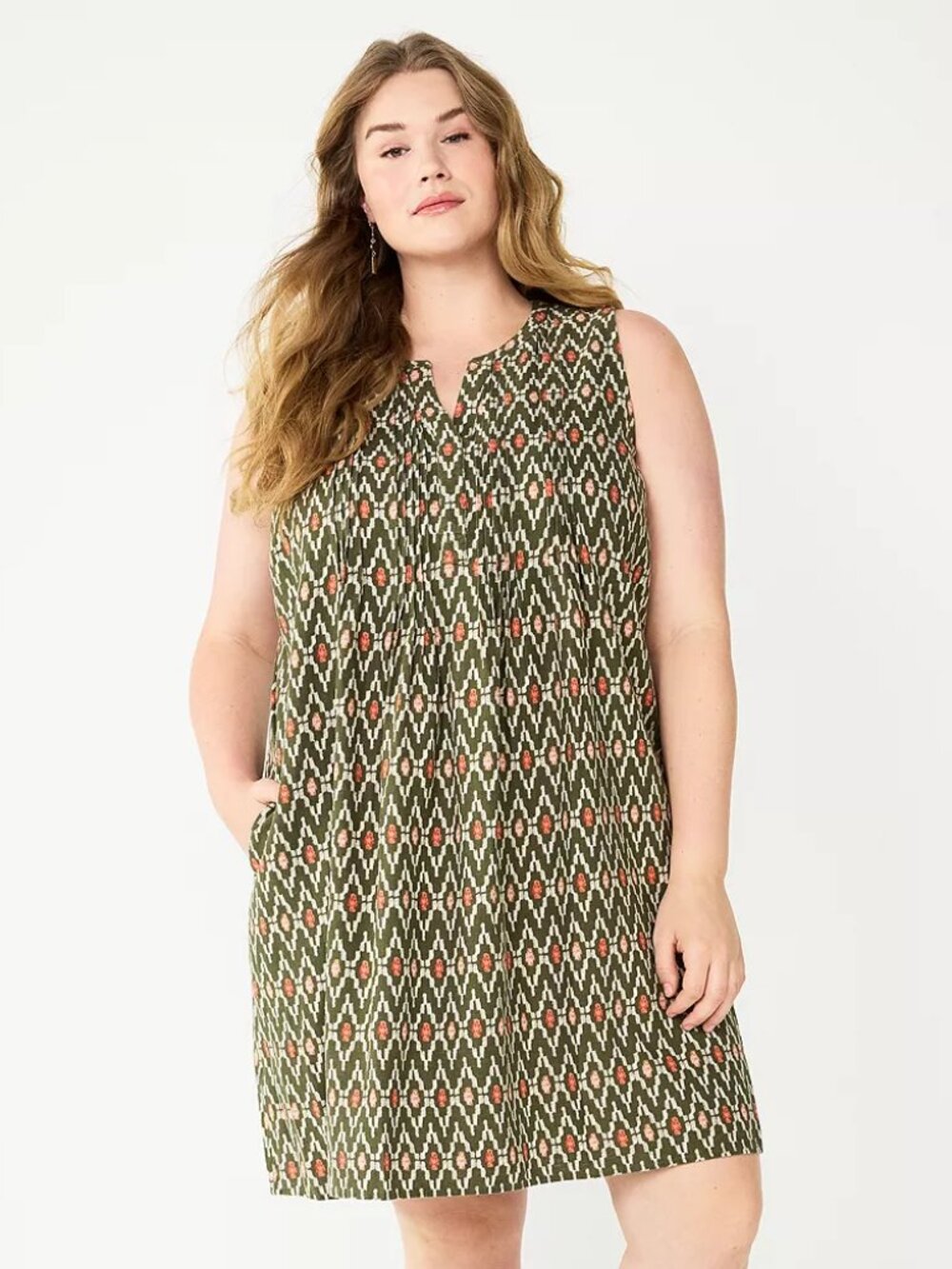 Sonoma Goods For Life Olive Ikat Sleeveless Pintuck Tank Dress/NWT/XXL